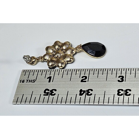Vintage Style Black Crystal Flower Dangle Drop Earrings Gold Tone Yellow Accents - Picture 6 of 6